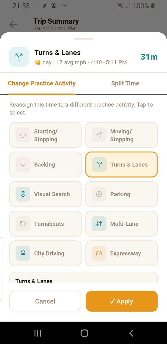 The Change Practice Activity sheet with three tabs (Change Practice, Split Time, Credit), a grid of 10 category tiles with Starting/Stopping highlighted in amber, and Cancel and Apply buttons at the bottom